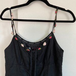 Sara Isabella black linen midi dress with rose appliqués -- size 8